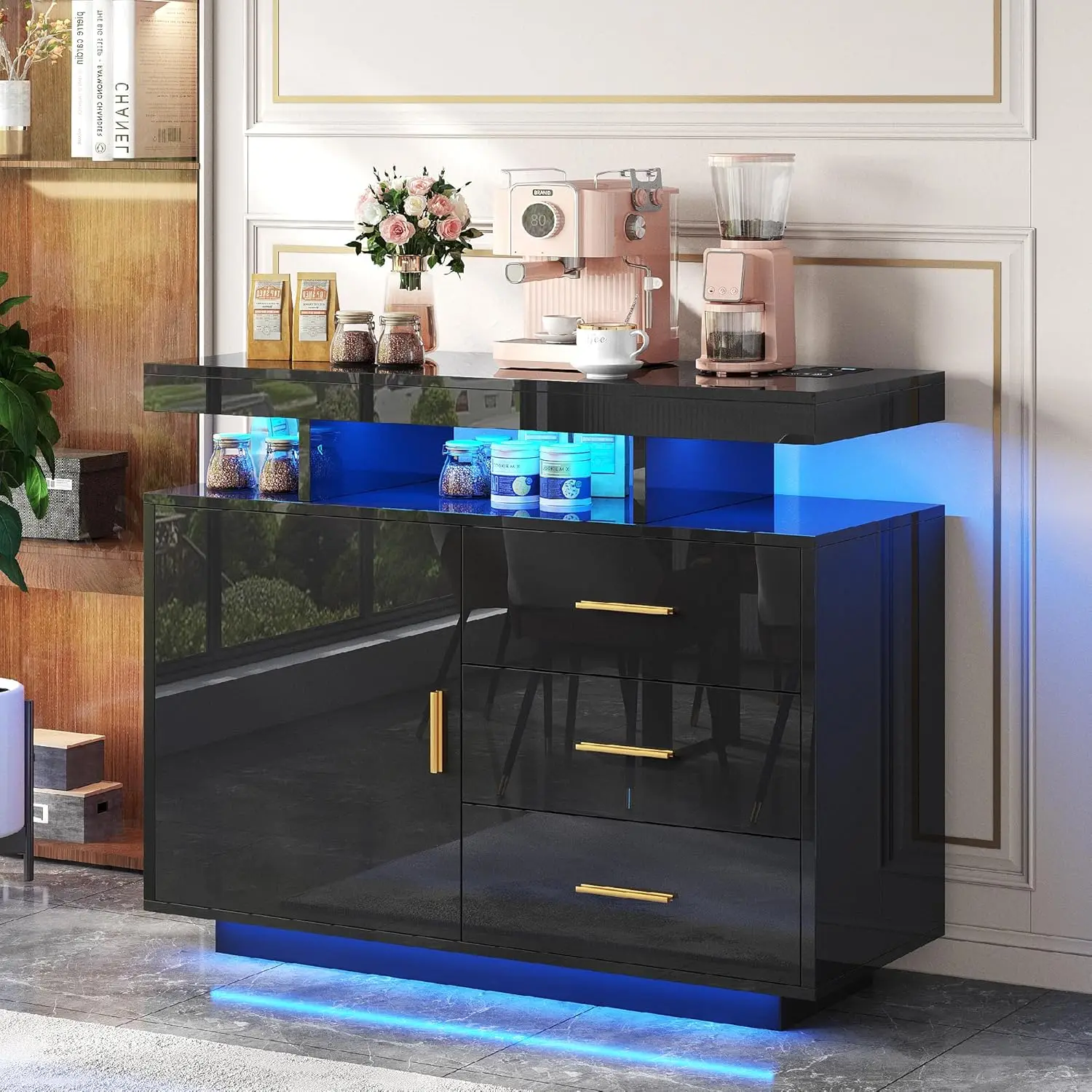 

Sideboard Buffet Cabinet with Charging Station, Coffee Bar Table with 3 Color Led Light, Bar Cabinet with Storage with Drawers (