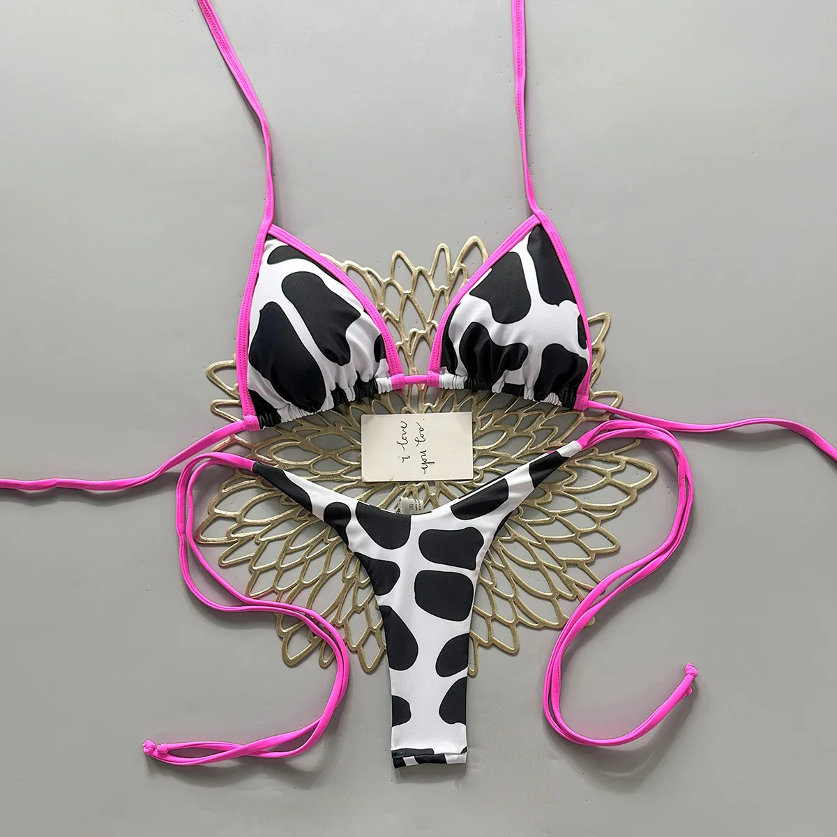 sexy milk cow print rose red patchwork bikinis sets two pieces thong swimsuits bathing suits swimwear biquini tankini trikini