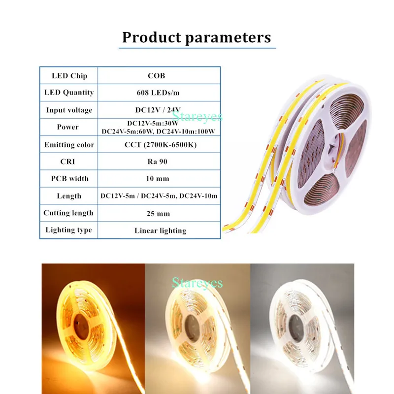 Imagem -03 - Dimmable Dual White Flexível Led Light Strip Cct Cob Dc12v 5m 24v 10m 608 Led por m Fcob Alta Densidade Corda Linear Ra90