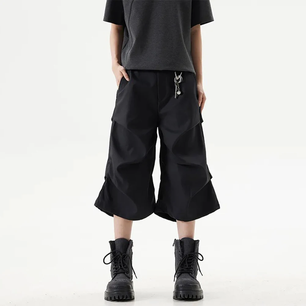 American Street Fashion Pleated Casual Y2k Shorts Unisex 2025 Summer New Niche Loose Wide-Leg Straight-Leg Cropped Pants For Men