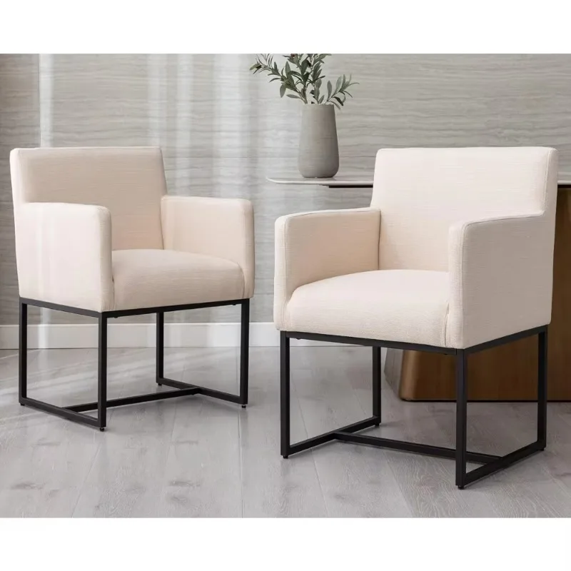 Linen Upholstered Dining Chairs with Arms Set of 2, Mid Century Modern Padded Kitchen Chairs with Black Metal Frame for