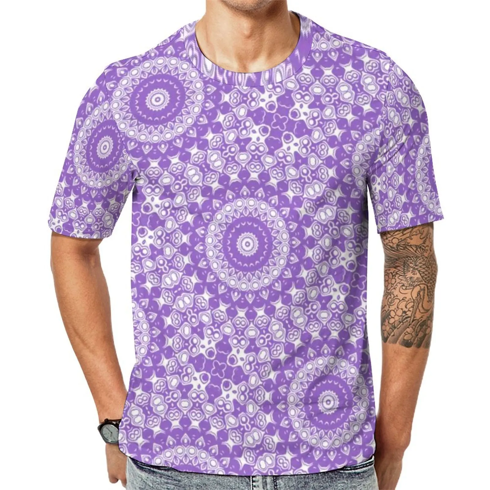 Amethyst Lavender Mandala T Shirt For Men Purple And White Print Teal Floral Design O Neck T-Shirts Summer Harajuku Clothes