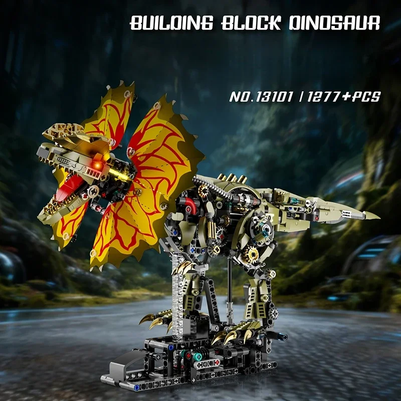 1277Pcs Creative Mechanical Dilophosaurus Building Blocks Dinosaur Toys Linkage Model  Home Decor Ornament Jurassic Animal