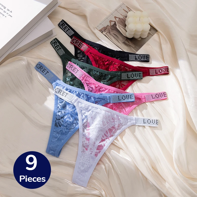 WarmSteps 9-teiliges Spitzen-Damenhöschen-Set, modischer Schriftzug-Gürtel, glänzende Damen-Tangas, sexy Dessous, ausgehöhlte G-Strings, bequeme T-Backs, heiß begehrt