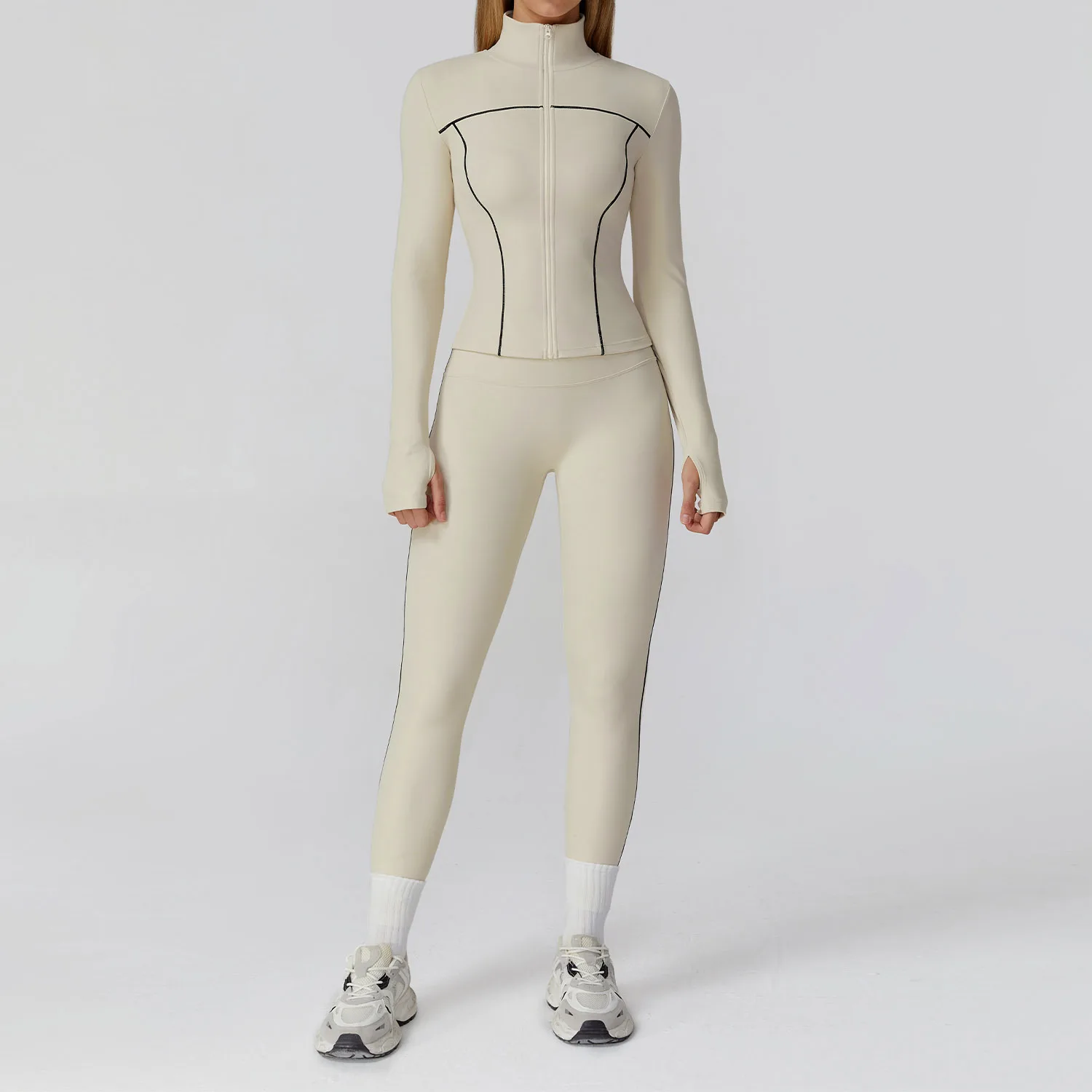 

Long Sleeved Sanded Yoga Set Contrast Color Sports Jacket High Waist Leggings 2pcs Tracksuits Workout Fitness Running Sportwear