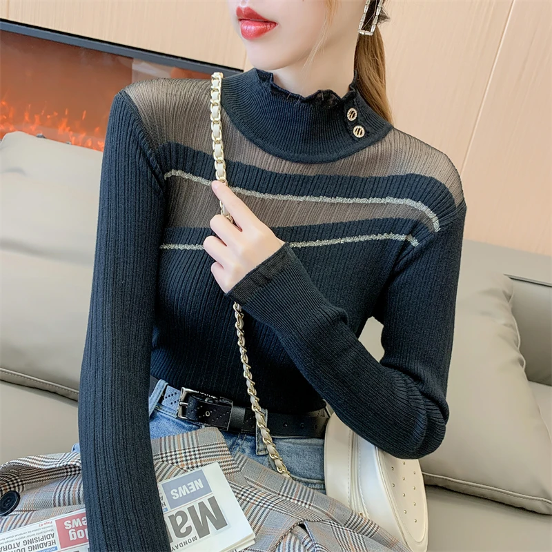 

Женский модный сетчатый пуловер с прострочкой, свитер, женская одежда, Женская Осенняя повседневная трикотажная одежда для девушек, женские офисные свитера BVy2668