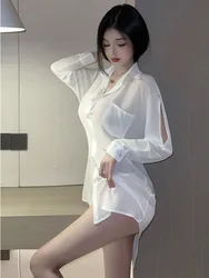 섹시한 여성용 쉬폰 쉬어 얇은 핫 섹시 셔츠, 남자친구 스타일 잠옷 원피스, 우아한 화이트 스위트 루즈 캐주얼 투명 0KZ