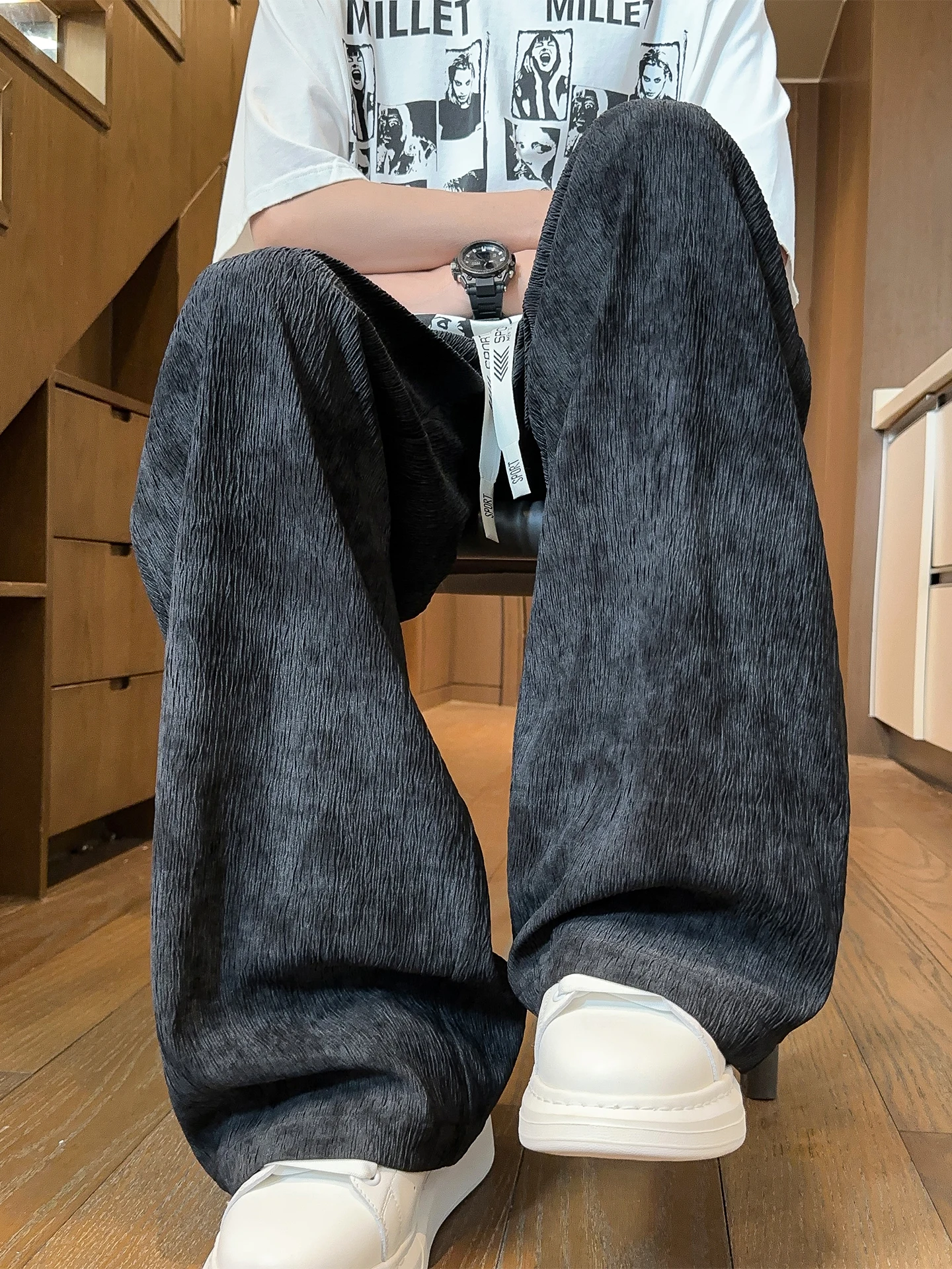 

Bla Dyed Texture Men's Casual Pants Spring Ice Silk Straight Leg Loose Wide Leg Trousers Comfortable Lightweight Polyester