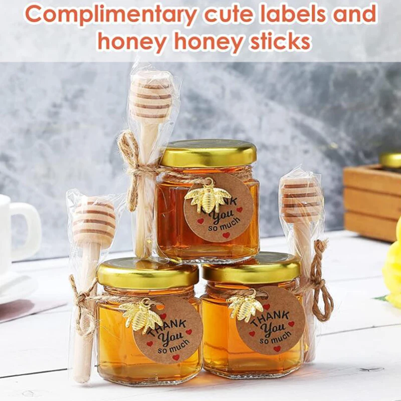 30/60Pcs 1.5oz Honey Jars Custom Wooden Dipper Hexagon Glass Mason Jars Jute For Wedding Hang tags-Baby Shower Party Favors