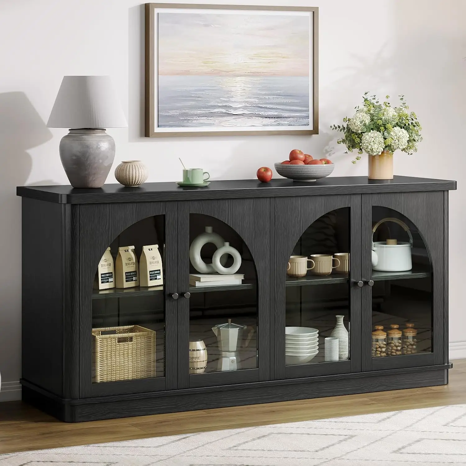 63 Inch Sideboard Buffet Cabinet Glass & 4 Doors Black, Customized