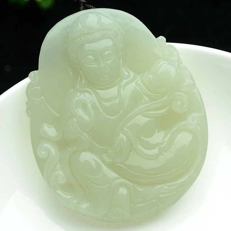 

Hetian , White Ruyi Guanyin Amulet, Men's Jade Pendant Peace