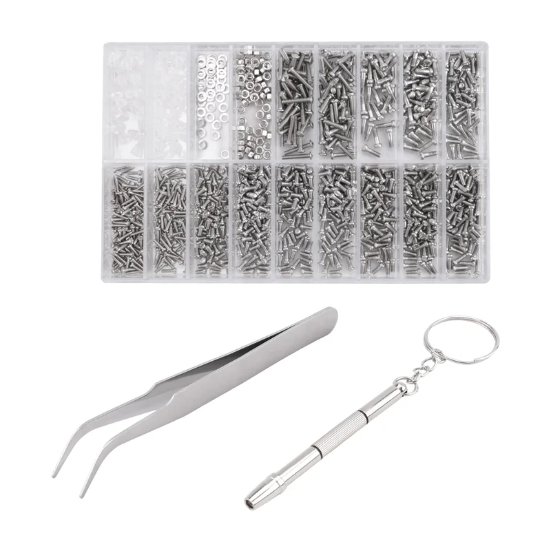 Bom-1000 peças de parafusos de óculos, variedade de porcas + 1 chave de fenda + 1 pinça, kit de reparo de óculos, parafusos para óculos ópticos
