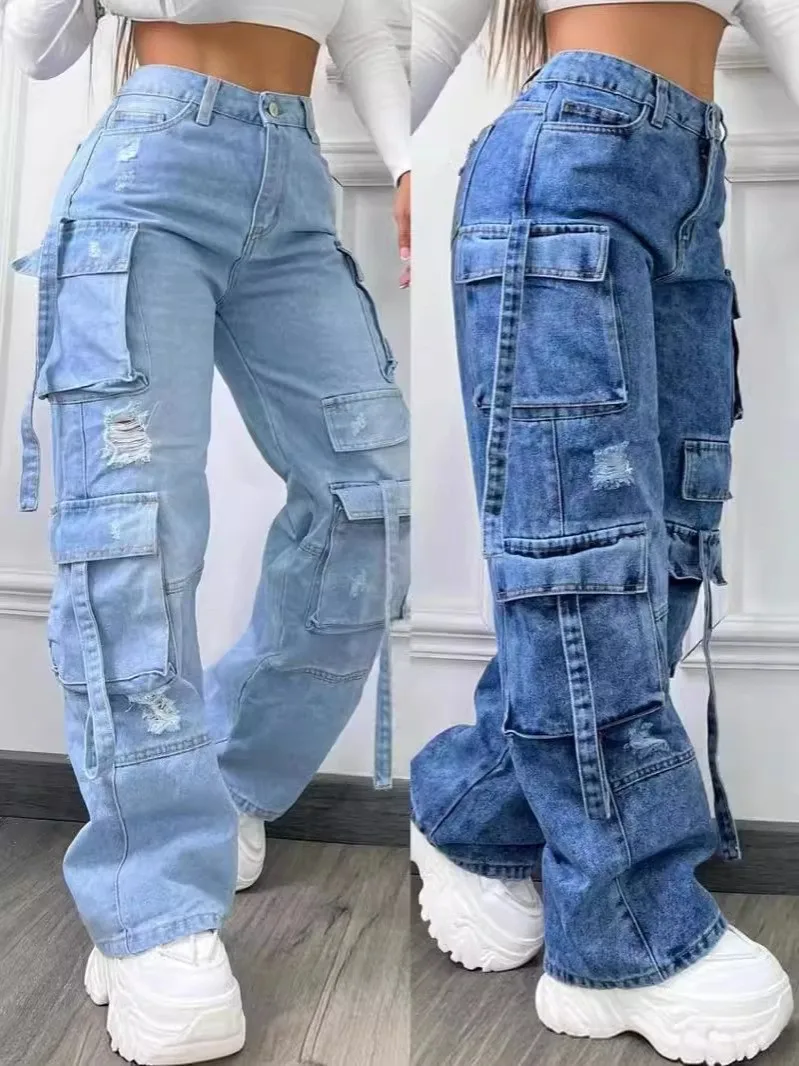 

Casual Workwear Denim Pants Multi Pocket Leisure High Waist Straight Leg Jeans plus Size mid Stretch Women's Premium Quality