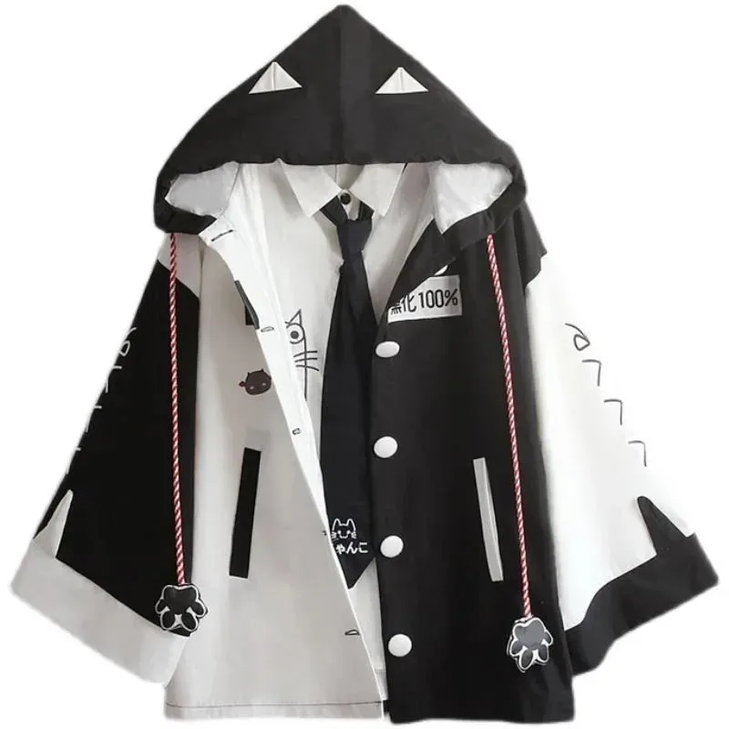 

CyWomen's Top, новинка 2025, унисекс, японская мода, с роговыми рукавами, студенческий плащ демона, свободные уши, ветровка с капюшоном, пальто, женская одежда