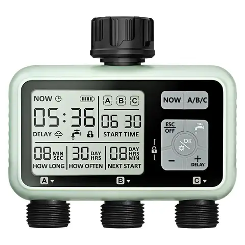 3 Outlets Garden Water Irrigation Timer, Programmable Sprinkler Timer with Rain Delay, Auto & Manual Watering System