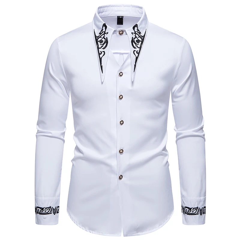 Chemise brodée à manches longues pour hommes, chemise décontractée, chemise monochrome, conception de col personnalisé, document, fête, boîte de nuit Pro, mode, automne, nouveau