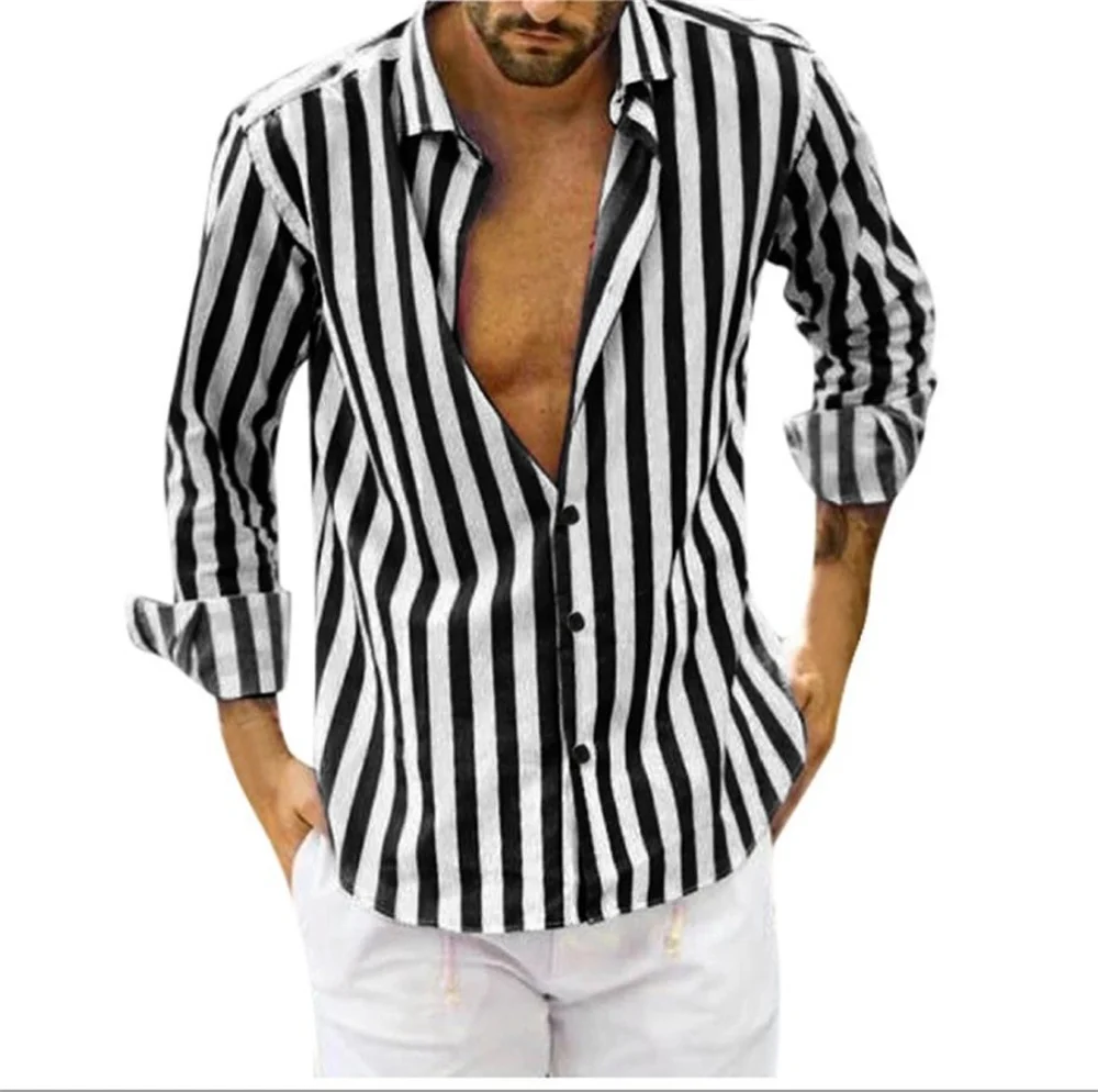 Camisa estampada listrada de manga comprida masculina, material macio e confortável, cor sólida, top de moda clássico havaiano, novo, 2023