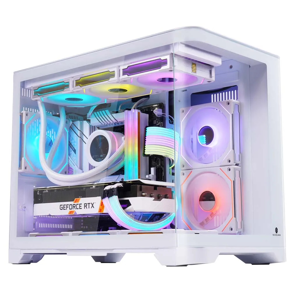 WJCOOLMAN Tian Mu กระจกโค้งสีขาว Panoramic รุ่น 2 ด้านโปร่งใสแก้ว GAMING คอมพิวเตอร์ 4 ตําแหน่งพัดลม 240