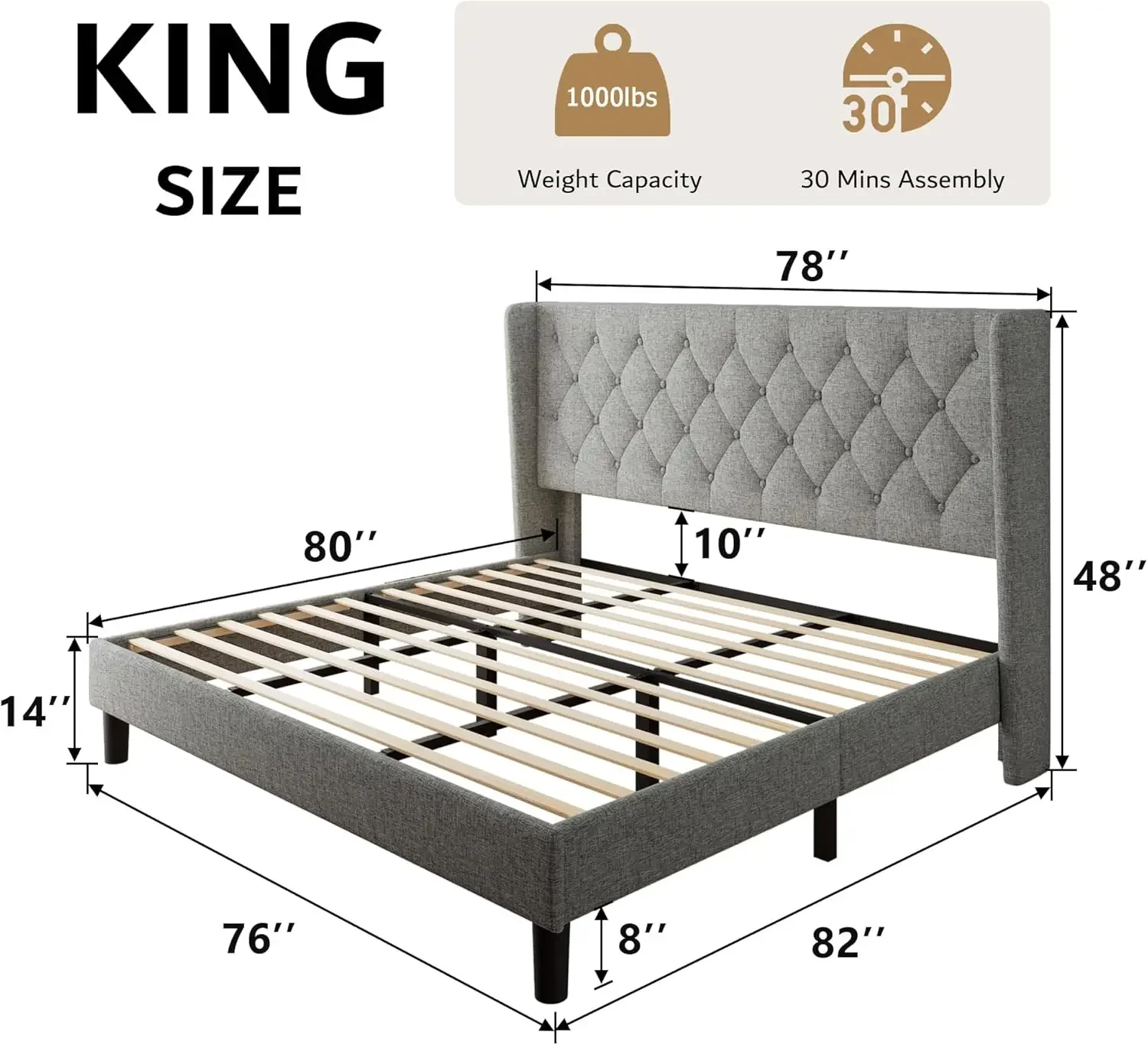 King Size Bed Frame with Upholstered Wingback, Platform Bed Frame with Diamond Button Tufted Headboard, 8