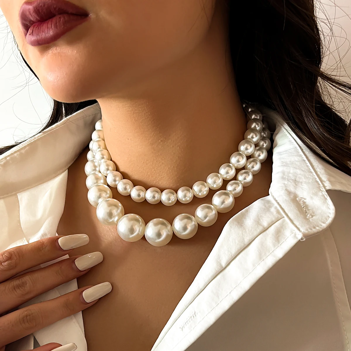 2Pcs/Set Exaggerated Big Imitation Pearl Clavicle Chain Necklace for Women Wed Bridal Goth Beads Choker Grunge Jewelry Steampunk