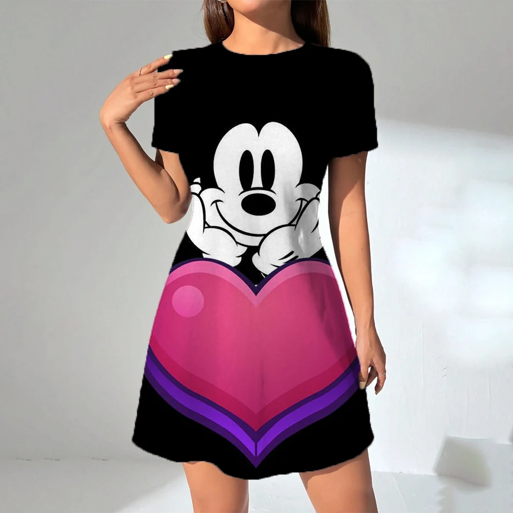 S-3Xl 디즈니 미키 마우스 프린트 O 넥 롱 드레스 캐주얼 보헤미안 숙녀 여름 해변 Sundress 여행 셔츠 파티 가운