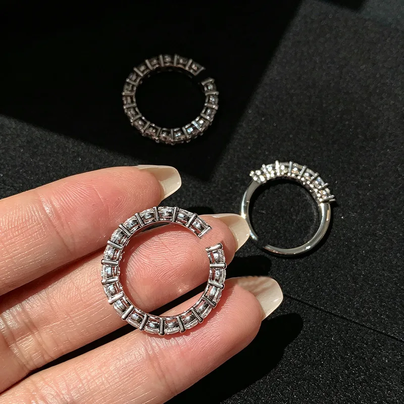 Ring Sparkling Pavé Cubic Zirconia Full Diamond Band Stackable Index Finger Jewelry Premium Lightweight Silver Plated Elegant