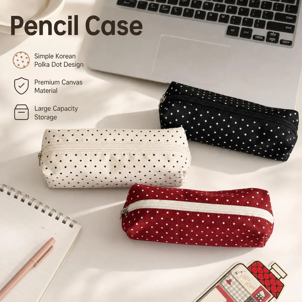 Canvas Polka Dot Pencil Case Stationery Pouch Portable Small Storage Bag Organizer For Students Back To School Supplies
