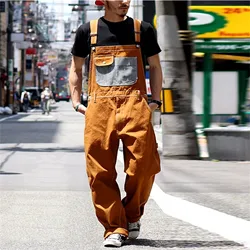 Fashion Men Jeans Bib Washed Jumpsuit Plus Size Streetwear Solid Color Pockets Loose Strap Suspenders Workout Pants Cargo Pants