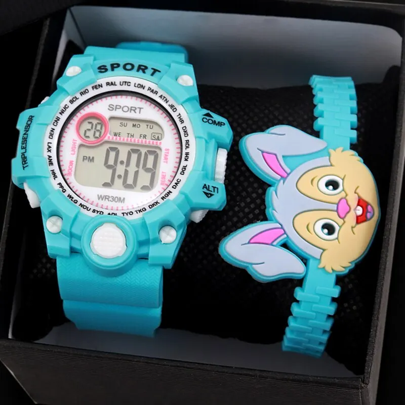 Girls Children Student Blue Women Lady Clock Calendar Silica Gel Cartoon Cute Rabbit Bracelet Quartz Wrist Watch