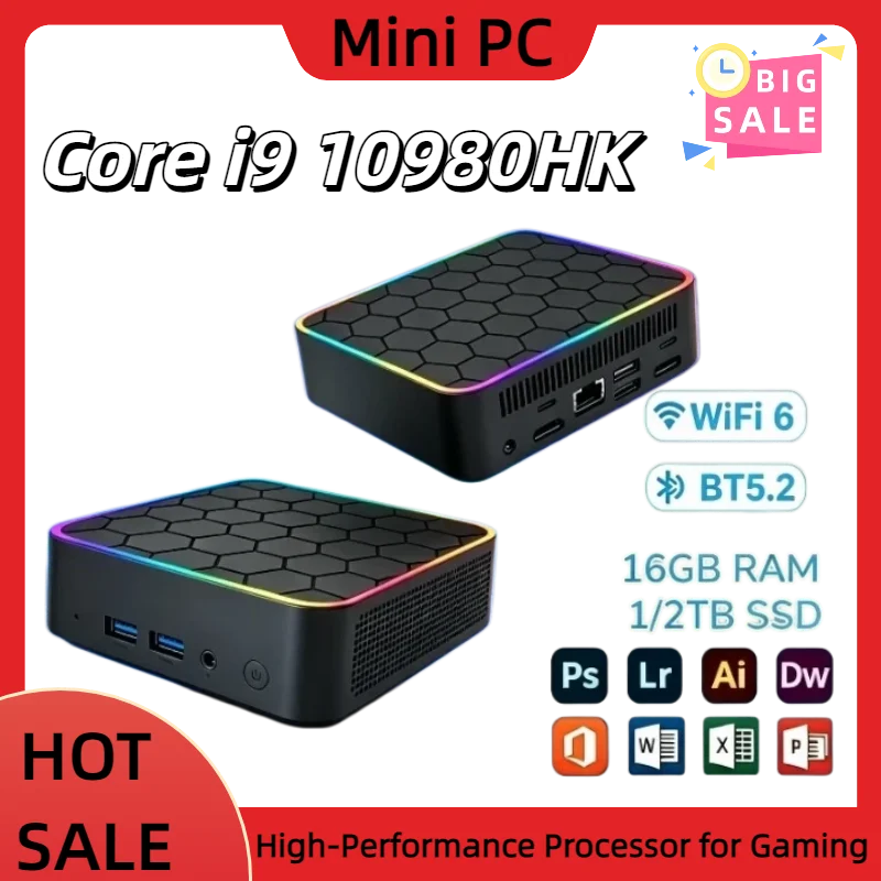 New Ultra Mini PC Core i9-10980HK 16GB RAM, 1TB/2TB SSD, WiFi6, BT5.2, USB3.0, 4K Output, for Productivity & Clarity, Prime.