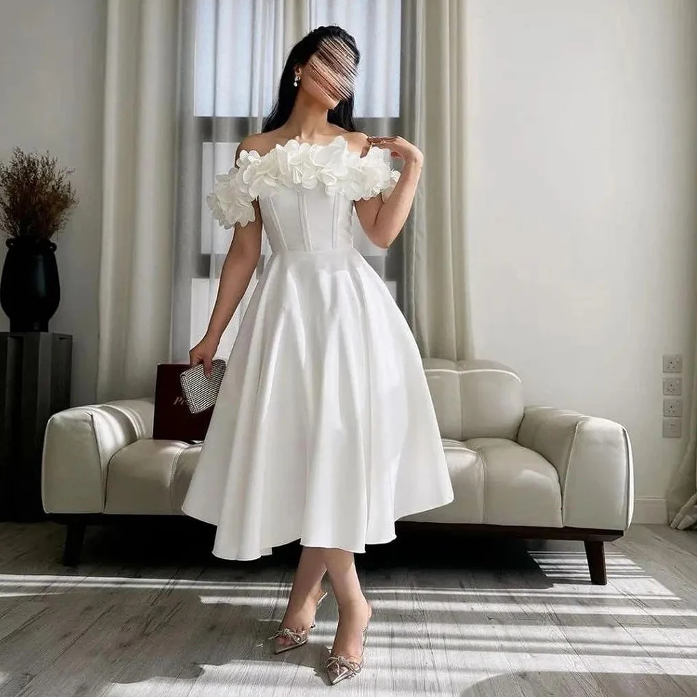 

Short and Elegant Party Gowns Straight Jersey Short Sleeves Off the Shoulder Tea Length Pleats Flowers Special Occasion Gowns