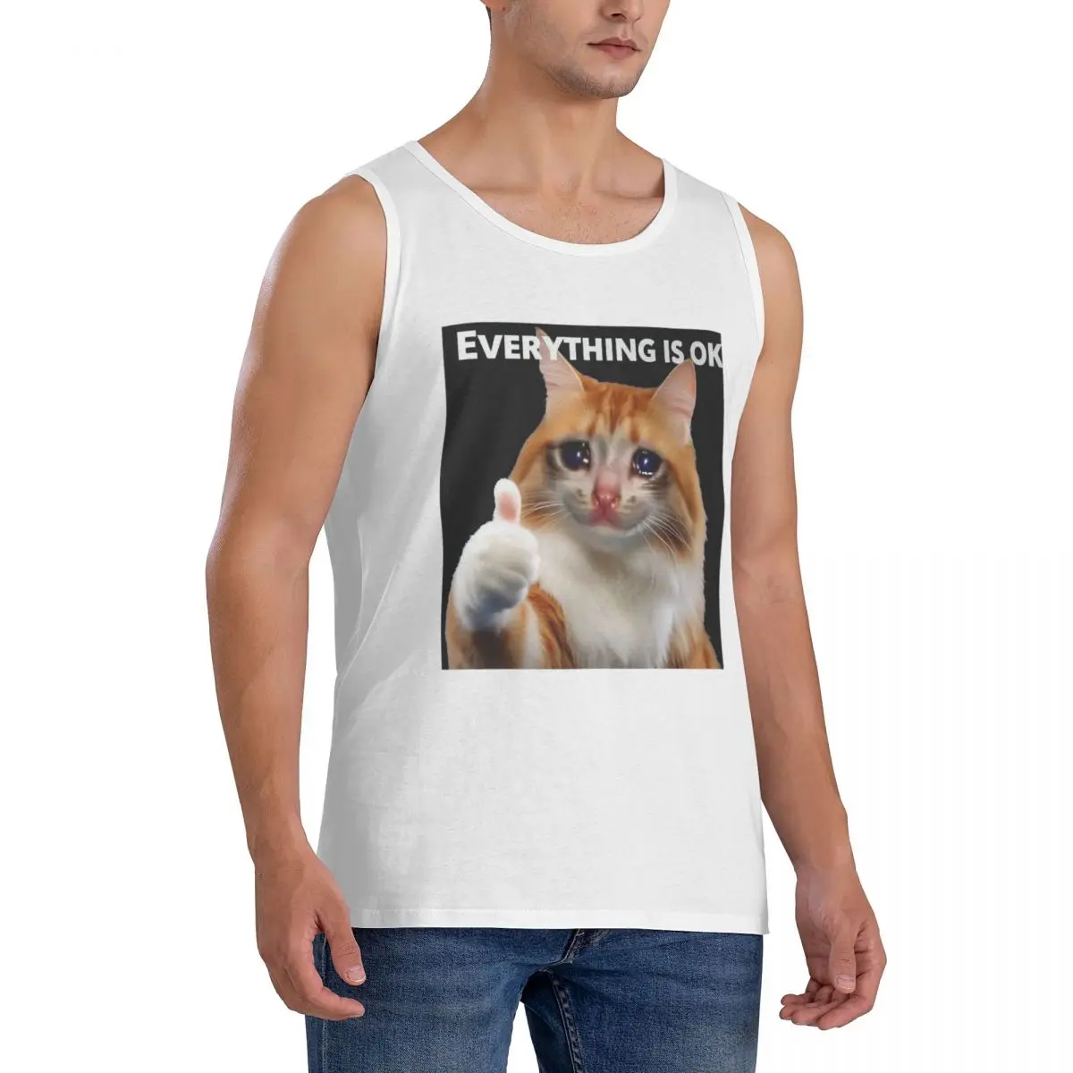100% Cotton Everything's Ok Crying Cat Memes Sleeveless T-Shirt Men Workout Sports Clothing Tops Men's Crew Neck Vest