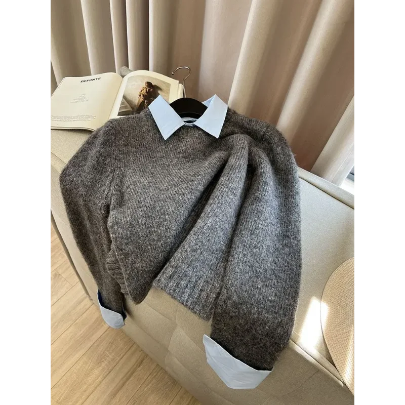 เสื้อสเวตเตอร์ถักไหมพรมสองชิ้น สไตล์ใหม่ คอตัดกัน สไตล์ลำลอง เสื้อสเวตเตอร์ถักไหมพรม