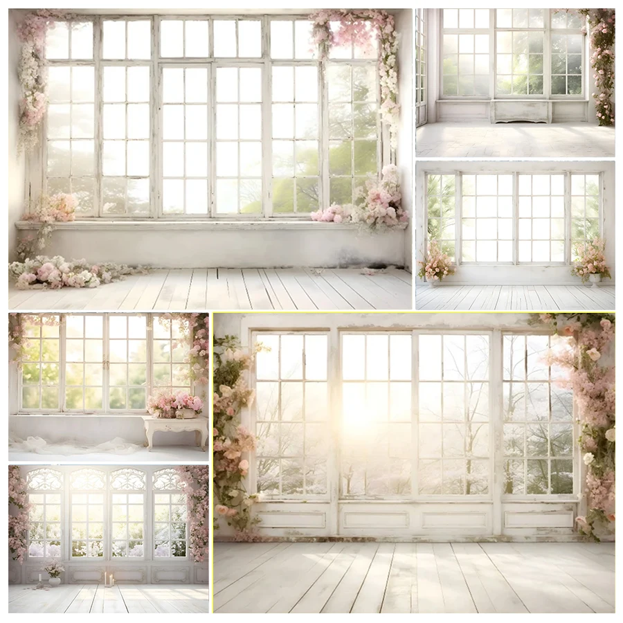 Spring Window Scenery Photography Backdrop White Black Windowsill Curtain Room Wall Decor Background Photographic Prop Photozone