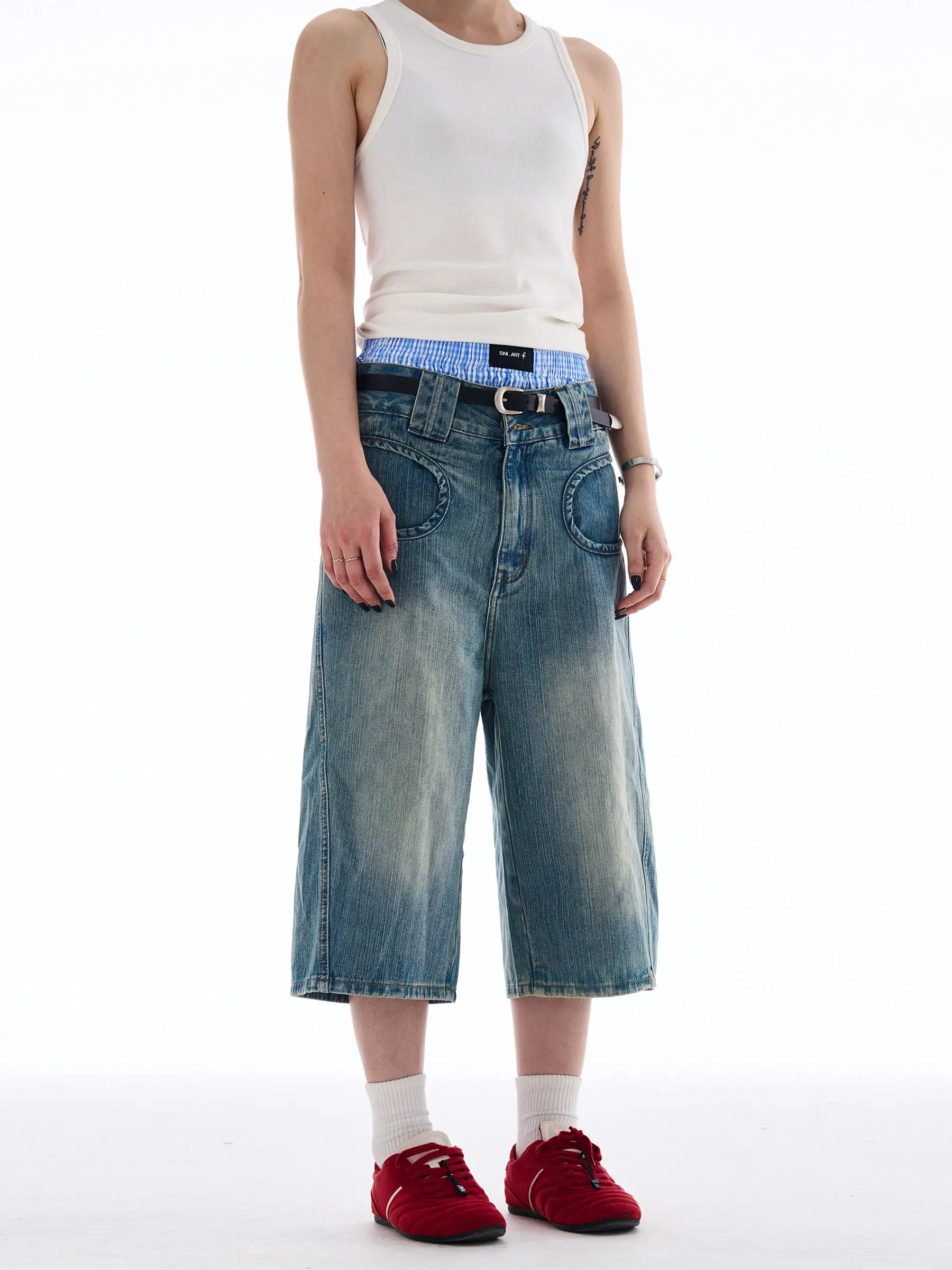 Men's Summer Fashion Denim Shorts Vintage Wide Leg Cropped Pants Cool Boy Casual Bottom Male High Waist Half Trousers