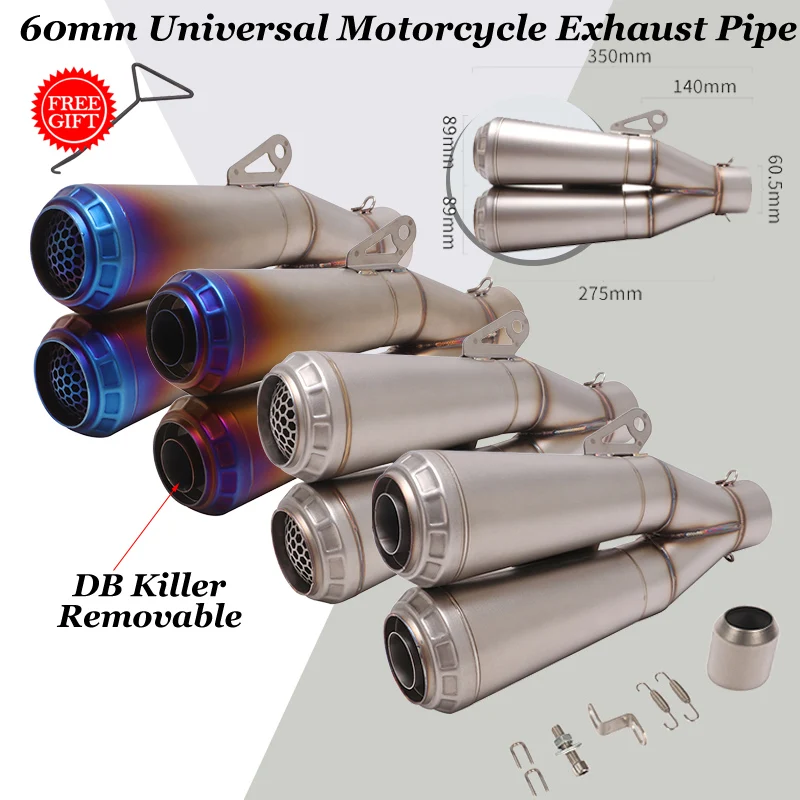 60mm Universal Motorcycle GP Exhaust Escape Modified Double Holes Moto Muffler DB Killer Slip-On For R1 R6 MT09 MT07 Z900 Z650