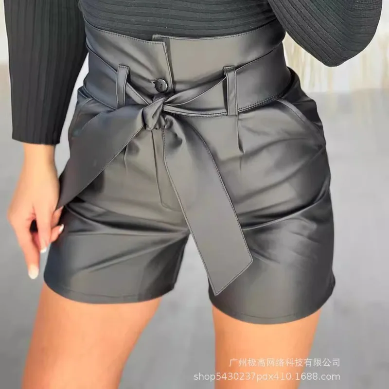 Spring Summer New Women's Clothing Black High Waist Tied Slim Fit Pu Shorts with Belt