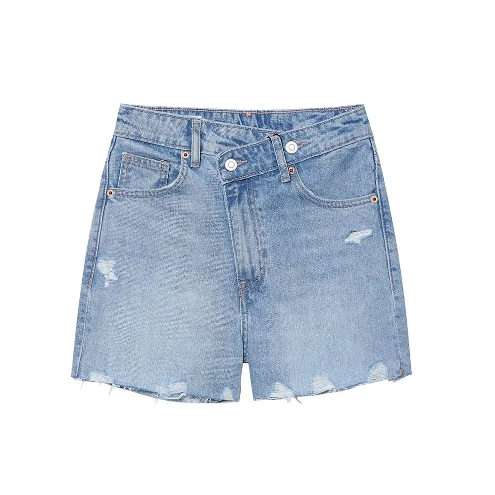 شورت جينز نسائي بخصر متقاطع عالي الخصر من قماش الدنيم بتصميم قديم شورت جينز مريح أنيق للنساء