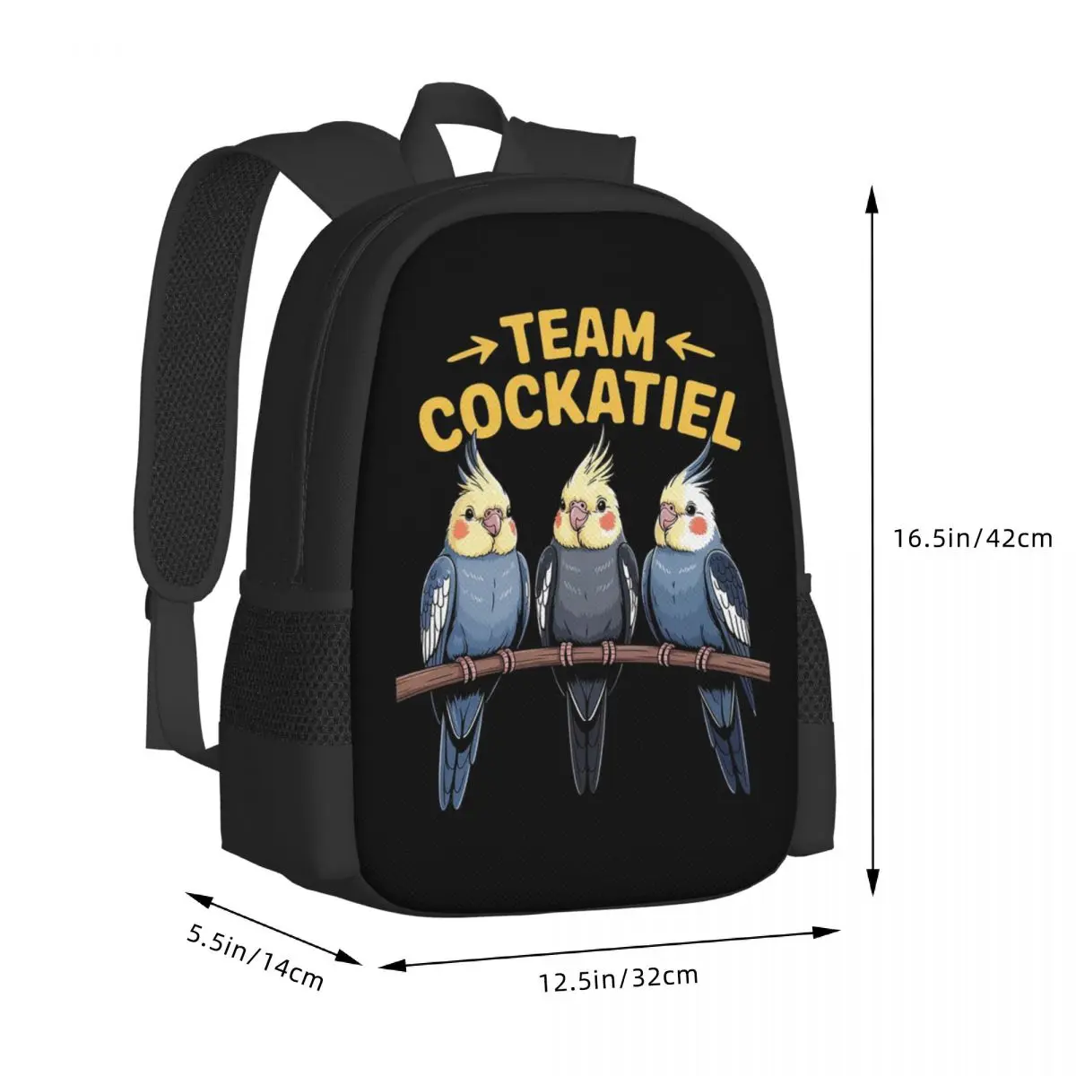 Team Cockatiel Cartoon Pet Bird Trio Artwork Student Backpack School Bag Hiking Travel Daypack Fashion Bookbag Shoulder Bags