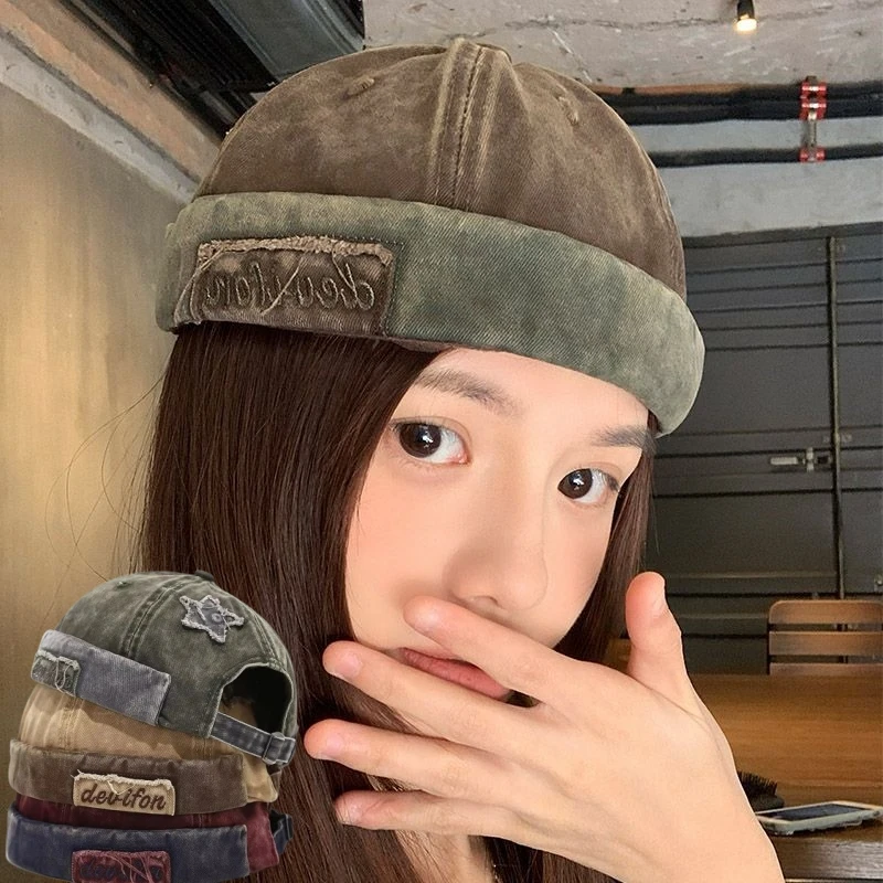 

Retro Washed Color Docker Cap Without Visor Star Splicing Brimless Caps Letter Adjustable Beanie Hat Unisex Hip Hop Hats