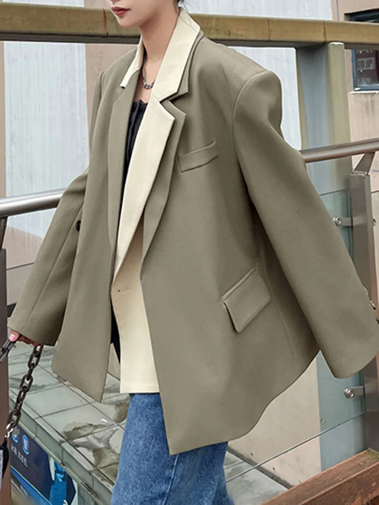 [EWQ] Patchwork Colorblock Blazer Women Notched Collar Long Sleeve Casual Blazers Female Korean Fashion Clothing 2024 Spring New