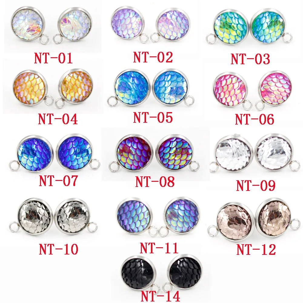 1 Pair Stainless Steel 8mm 10mm Fish Scale Resin Ear Studs Earrings for Women Girl Female Children