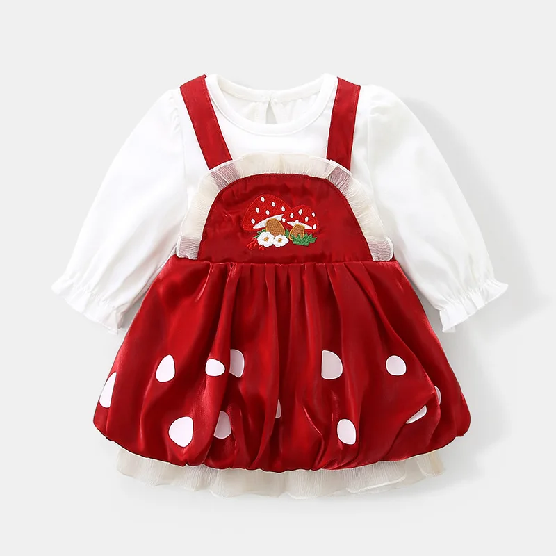 2024 Newborn Girl Two Piece Set Fashion Long Sleeves Top Sweet Embroidered Suspender Skirt Cute Toddler Child Casual Party Sets