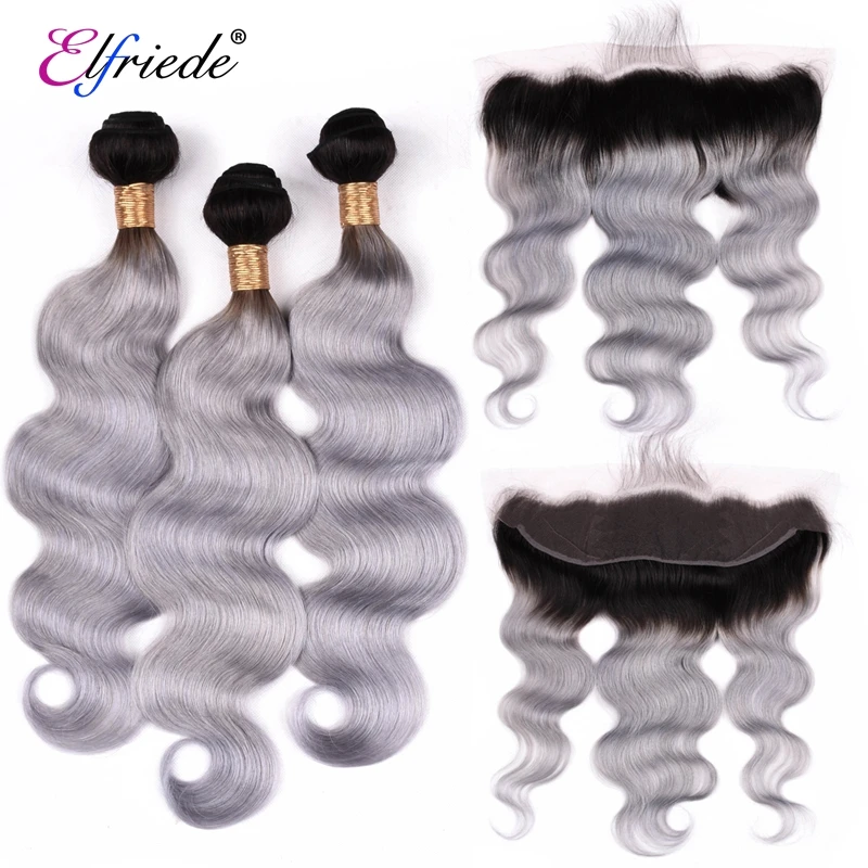 

Elfriede 1B/Grey Body Wave Precolored Hair Bundles with Frontal Brazilian Human Hair Weaves 3 Bundles with Lace Frontal 13x4