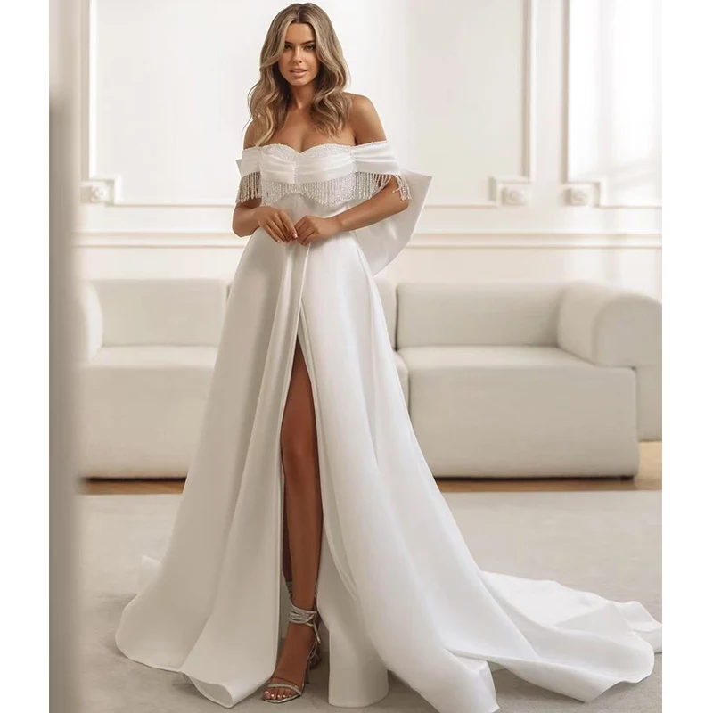 

Elegant Wedding Dress Satin With Tassel Slit A Line Ball Gown Sleeveless Boat Neck Bride Dress Customized Bow Vestido De Novia