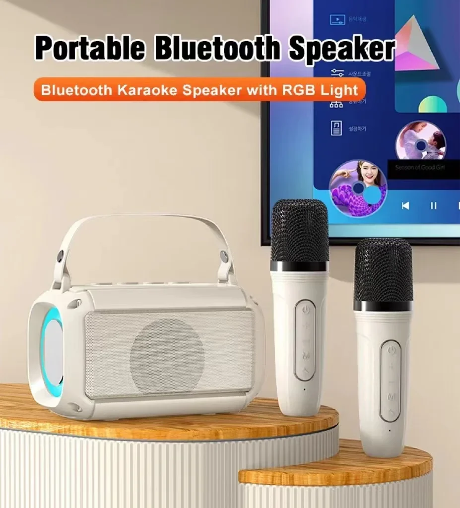 Dual Microphone Karaoke Machine Subwoofer Portable Bluetooth PA Speaker System With 2 Wireless Mic Home Family Singing Machine