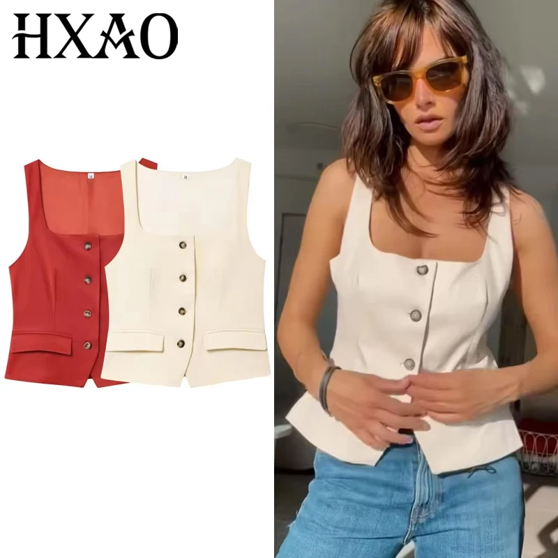 

HXAO 2025 женский жилет красно-белый жилет женский весенне-летний жилет укороченная верхняя одежда элегантный жилет без рукавов на пуговицах женский 066