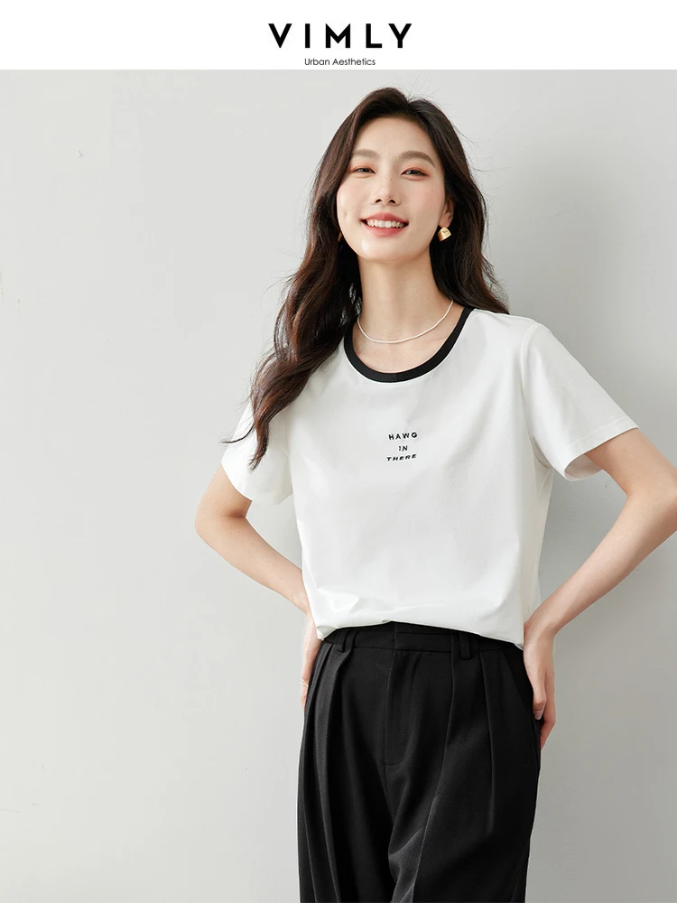 VIMLY Women's Clashing Color White Short Sleeve T-Shirt Summer New Letter Printed Casual Fashion Loose Round Neck Basics Top