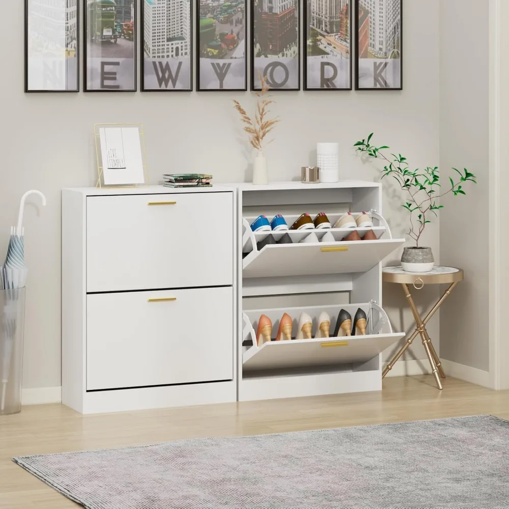 Шкаф для обуви для прихожей, Белый шкаф для хранения обуви с двумя откидными ящиками, Скрытый узкий шкаф для обуви, Freestandi