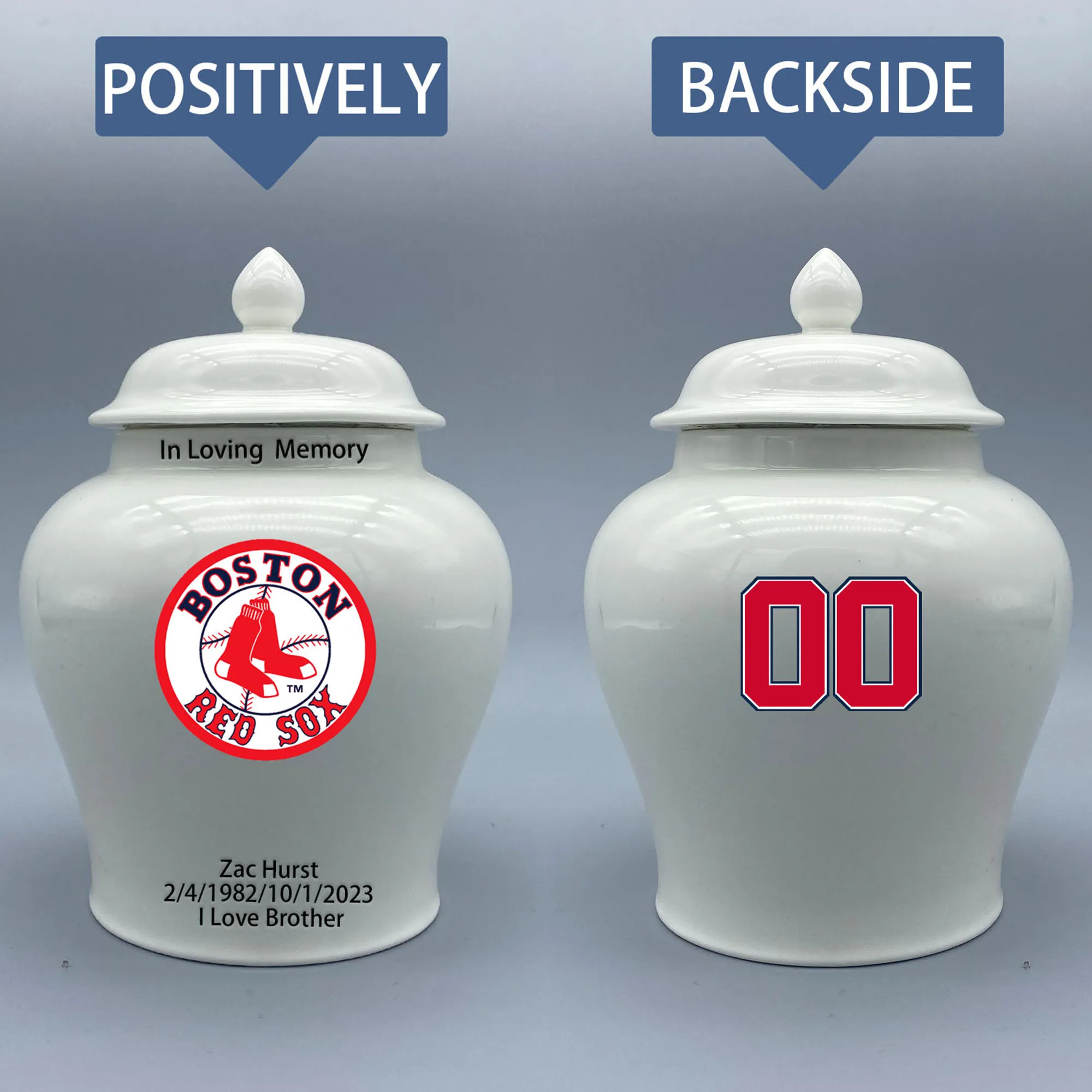 

Medium Urn for Boston Red Sox-themed Logo Urn.Please send me the customize information-name/date and number on the urn